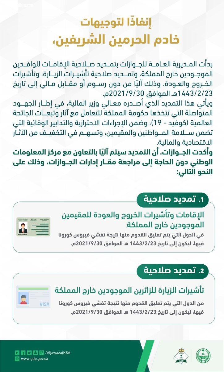 انفاذا لتوجيهات خادم الحرمين الشريفين  . تمديد الإقامة و«الخروج والعودة» و«الزيارة» آلياً دون مقابل في الدول المُعلّق القدوم منها