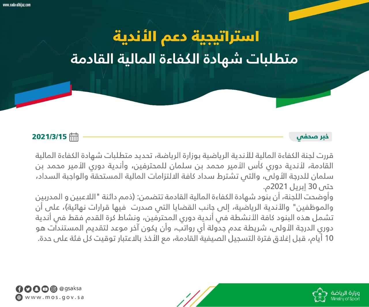 لجنة الكفاءة المالية للأندية الرياضية تقرر تحديد متطلبات شهادة الكفاءة المالية 