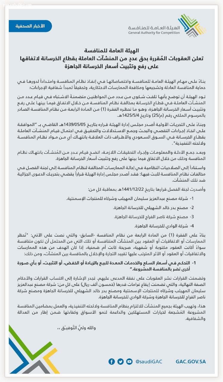 هيئة المنافسة” تعلن العقوبات المُقررة بحق عددٍ من المنشآت العاملة بقطاع الخرسانة